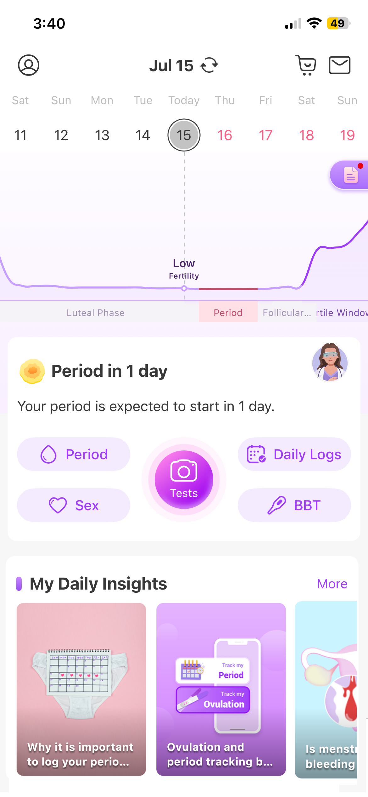 Premom cycle tracking app calendar screen