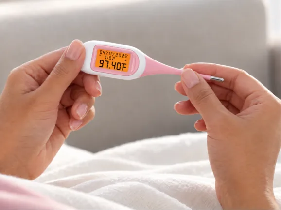 easy@Home digital basal body thermometer showing a reading