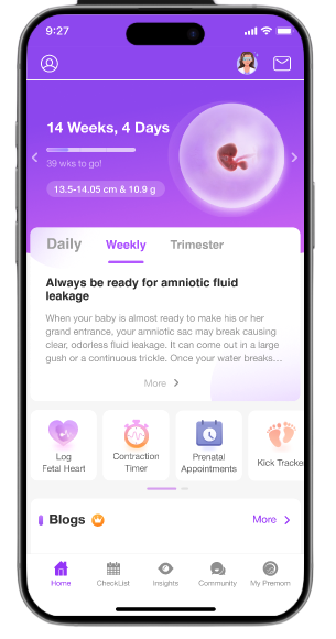 Premom pregnancy tracker app home screen showing current week, baby size comparison, and weekly update card.